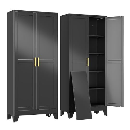 erosoei 71" H Metal Garage Storage Cabinet, Black Metal Pantry Cabinet with 2 Doors, Locker Steel Cabinet with 4 Adjustable Shelves, Freestanding Cupboard for Garage,Office,Home,Gym,School - color: Black, size: 71"No wheels, no locks