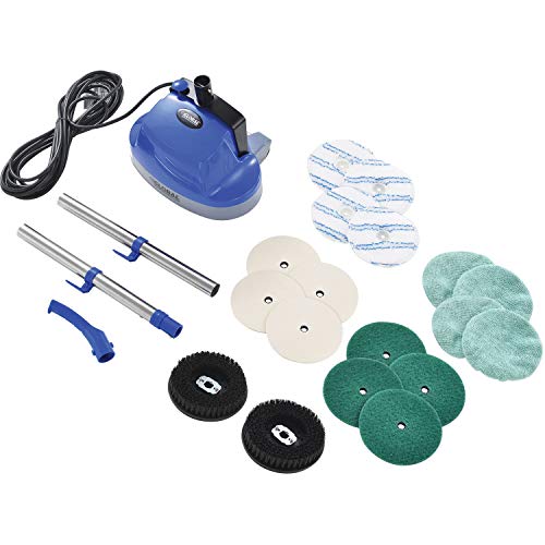 Global Industrial Mini Floor Scrubber With Floor Pads, 11" Cleaning Path, Dual Nylon Scrub Brushes, Cleans & Polishes Tile, Wood, Marble and other Hard Floors