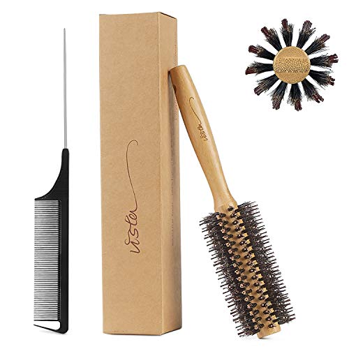 Vista Round Brush Bamboo with Pin Tail Comb Natural Boar Bristle Hair Brush Round for Blow Drying for Women Hairbrush for Wet or Dry Hair Detangling Smoothing Massaging - color: Bamboo