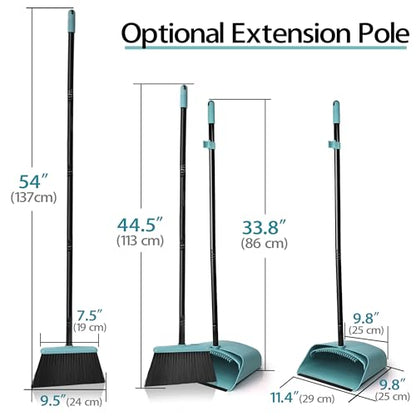 JEHONN Broom with Dustpan Combo Set, Long Handle Lightweight Indoor Broom Set, Upright Standing Dust Pan with Comb Teeth Store Sweep Set for Home Room Kitchen Office Lobby (Grey-Green) - color: Grey-green