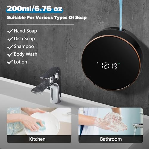 Automatic Soap Dispenser Liquid Bathroom: Wall Mount Rechargeable Touchless Adjustable Auto Smart Electric Plastic Black Soap Dispenser with Clock - Kitchen - Hand Dish Lotion Couple Kids - color: Liquid Black