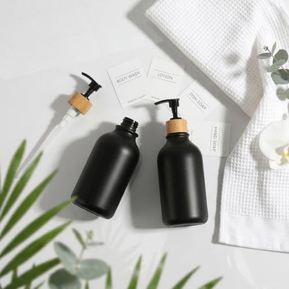 KASUNTING Hand Soap Dispenser Bathroom, Black Dish Soap Dispenser for Kitchen, 17 Fl Oz Plastic Hand and Dish Soap Dispensers Set with Bamboo Pump, 2 Pack Refillable Liquid Lotion Containers Bottle - color: Black, size: 2 Bottles