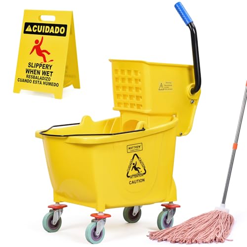 Matthew Cleaning 34 Quart Commercial Mop Bucket INCL.Wet String Mop with Side Press Wringer On Wheels,Heavy Duty Tandem Portable Floor Cleaning Wavebrake,Ideal for Household,Industrial,Restaurant - color: Yellow, size: 34 Quart