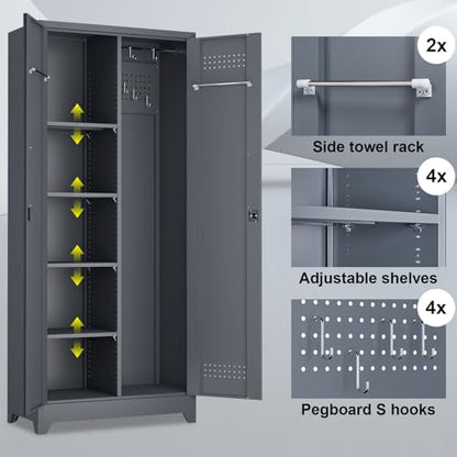 Metal Tool Storage Cabinet, Broom Closet with Hooks, 72.8" Tall Garage Cabinet with Shelves, Heavy-Duty Cleaning Storage for Utility Room, Gym, Office, Garage - color: 73"h-broom Cabinet / Grey