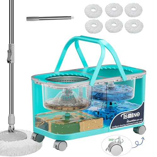 2026 Upgraded Easy-Use Spin Mop for Cleaner, Clean & Dirty Water Separation Mop Bucket for Pet & Family Homes,360° Swivel Wheels, Safe for Hardwood & Tile, Adjustable Handle,6 Reusable Mop Heads - size: RinseWise Spin Mop Bucket + 6 Extra Refill