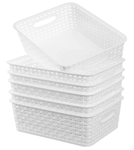 White Plastic Woven Storage Baskets, 6-Pack Weave Basket Organizer for Kitchen Office Bathroom - color: White, size: 6-Pack