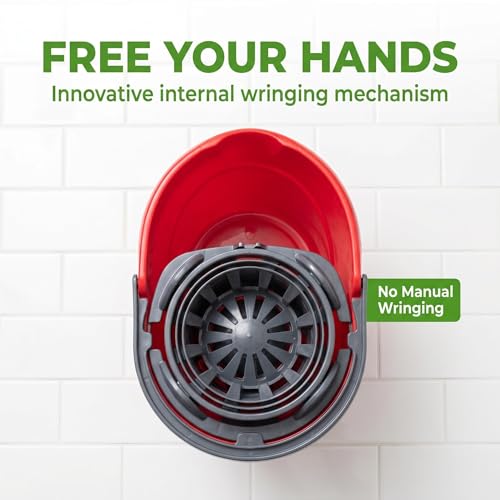 2.5 Gallon Mop Bucket with Wringer, Hands-Free Cleaning Bucket with Spout and Carry Handle, Bucket Floor Cleaning System for Home Kitchen, Bathroom and Household, Red