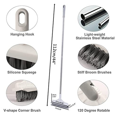 2 in 1 Floor Scrub Brush with Long Handle, Scrape and Brush Stiff Shower Cleaning Sweeping Deck Brush Push Broom Brush for Kitchen, Bathroom, Patio, Wall and Deck (White) - color: White