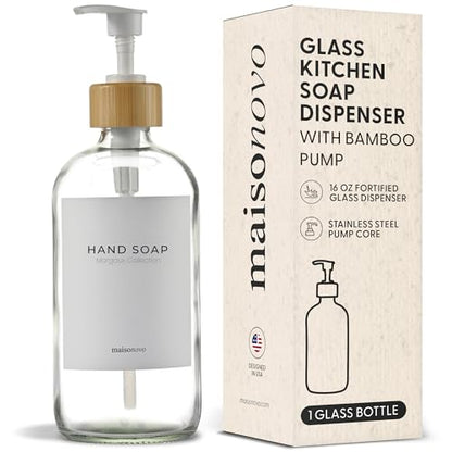 MaisoNovo Glass Hand Soap Dispenser | Dish Soap Dispenser for Kitchen | 16.9oz Clear Bottles with White Bamboo Pump | Bathroom Lotion Dispenser - color: Single Clear Bottle/ White Bamboo Pump