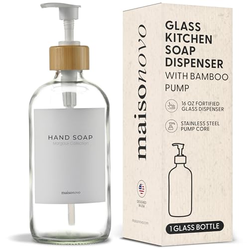 MaisoNovo Glass Hand Soap Dispenser | Dish Soap Dispenser for Kitchen | 16.9oz Clear Bottles with White Bamboo Pump | Bathroom Lotion Dispenser - color: Single Clear Bottle/ White Bamboo Pump