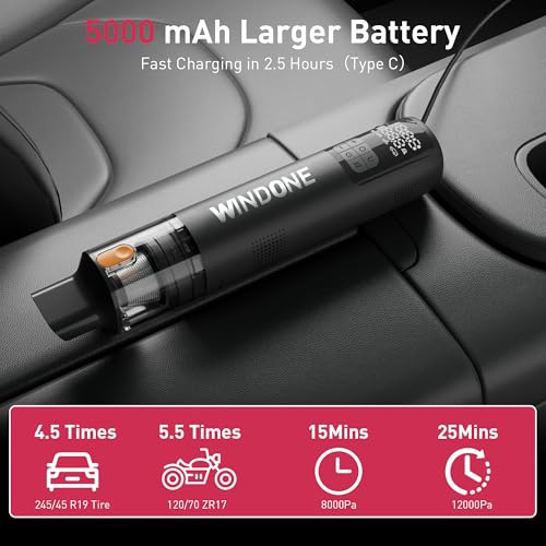 Windone Car Vacuum, 12000Pa 2-in-1 Cleaner & Tire Inflator 150PSI, 60W Brushless Motor, Cordless Handheld Vacuum & Air Pump with Pressure Gauge, LED Light, Multi-Nozzles for Car, Home, Office