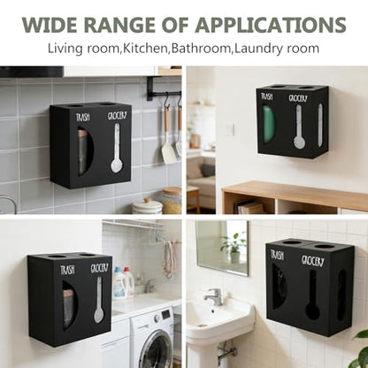 2 in 1 Trash Bag Dispenser, Double Wall Mounted,Wood Trash Bag Holder, used in kitchen, garage, laundry room, can store Environmentally friendly food bags and garbage bags(Black/Large) - color: Black/Large