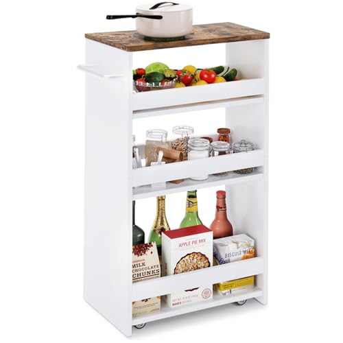 TEAMIX 4 Tier White Slim Storage Cart with Handle, 7.9''W Slide Out Storage Rolling Utility Cart Mobile Shelving Unit Organizer Trolley for Small Spaces Kitchen Laundry Narrow Places - color: White, size: 7-7/8'' W