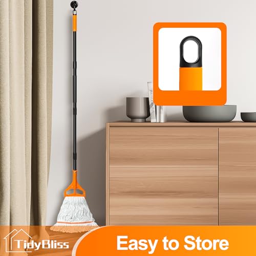 TidyBliss Commercial Mop Heavy Duty, 55 inches Long Handle Large Looped-End Industrial String Floor Cleaner, Professional Dry Wet Cotton Cleaning Tool for Concrete Tile Hardwood Office Garage (Orange)