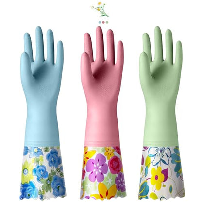 KAQ 3 Pairs Rubber Cleaning Gloves, Reusable Dishwashing Gloves for Kitchen with Cotton Liner, Long Cuff 16", Waterproof Non-Slip Household Gloves for Bleaching Bathroom, Laundry, Gardening (Large) - size: Large(Pack of 3)
