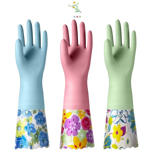 KAQ 3 Pairs Rubber Cleaning Gloves, Reusable Dishwashing Gloves for Kitchen with Cotton Liner, Long Cuff 16", Waterproof Non-Slip Household Gloves for Bleaching Bathroom, Laundry, Gardening (Large) - size: Large(Pack of 3)