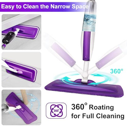 Microfiber Hardwood Floor Spray Mop with 3 Pads & Refillable Bottle | 400+ML refillable bottle, 360° swivel head, wet mopping & dry sweeping for hardwood, tile, laminate and sealed wood floors. - color: Pure Purple