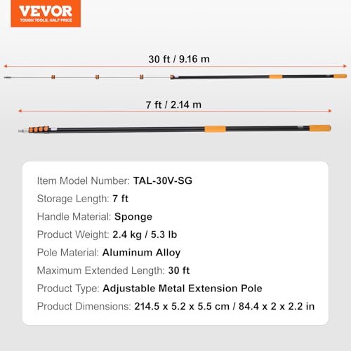 VEVOR Telescopic Extension Pole, 7-30 FT Multi-Purpose Extension Pole, Sturdy Aluminum Alloy Paint Extendable Pole with Flip-Lock Design, Telescopic Pole for Painting, Dusting and Cleaning - style: 7-30 FT