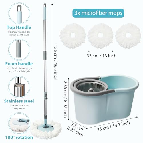 Spin Mop and Bucket with Wringer Set,360° Mop and Bucket System with 3 Microfiber Mop Refills and 50" Extended Handle for Floor Cleaning