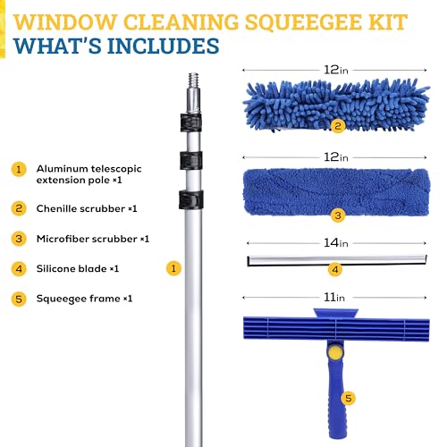 Kleen Handler 2-in-1 Window Squeegee with 4–12 ft Telescopic Extension Pole, Window Washing Kit for Home & Commercial Glass Doors, High Windows, 2 Sleeves Included