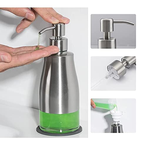 Gaussra Soap Dispenser with Coaster and Stickers, Brushed Nickel Stainless Steel Case Glass Liner Hand Pump Dispenser, Refillable Liquid Hand Soap Dispenser for Bathroom & Kitchen (11OZ / 320ML) - color: Brushed Nickel