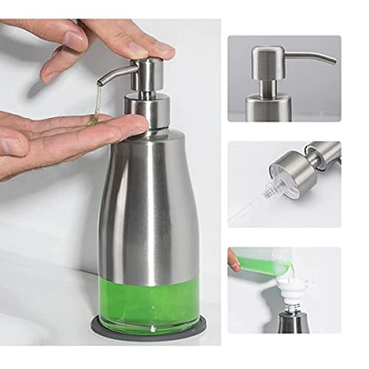 Gaussra Soap Dispenser with Coaster and Stickers, Brushed Nickel Stainless Steel Case Glass Liner Hand Pump Dispenser, Refillable Liquid Hand Soap Dispenser for Bathroom & Kitchen (11OZ / 320ML) - color: Brushed Nickel