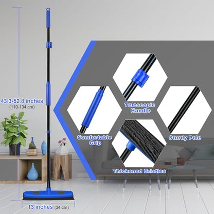 Rubber Broom Carpet Brush with Squeegee, Pet Hair Remover with 52.8 inches Long Handle, Detailing Lint Fur Removal Tool, Silicone Rug Rake for Cleaning Hardwood Floor, Tile, Window (Blue)
