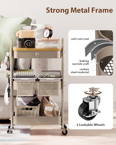 ALVOROG Rolling Cart with Drawer and Wood Table Top, 3 Tier Metal Rolling Utility Cart on Wheels with DIY Pegboards, Hanging Baskets, Hooks for Kitchen, Bedroom, Office, Craft Supplies - color: Khaki