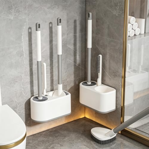 Basaza Toilet Bowl Brush and Holder, 3-in-1 Toilet Brush and Holder Set, Toilet Scrubber for Bathroom, White Hidden Toilet Cleaner Brushes, Floor-Standing or Wall-Mounted - color: #B 3 in 1 Toilet Brush Set