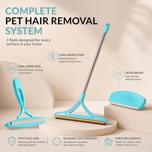 3 Pack Set Pet Hair Removal Tool – Reusable Carpet Rake Set with Long Handle, Dual-Sided Scraper & Detail Tool for Carpet, Furniture, Car & Embedded Dog & Cat Hair - color: Blue
