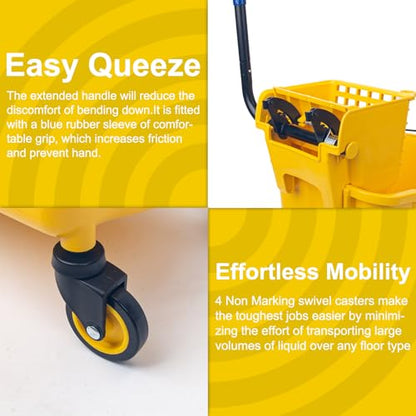 KeFanta 35 Quart Commercial Mop Bucket with Side Press Wringer on Wheels,Yellow,Include Heavy Duty Industrial Mop for Floor Cleaning,Household,Business,Restaurants and Janitorial Use
