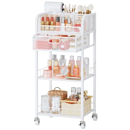 HapiRm Makeup Organizer Storage Cart - 4 Tier Skincare Make Up Storage with Drawer, Rolling Makeup Cart Vanity Organizer Cosmetics Display Cases Holder for Skin Care Perfume Nail Polish Brush - color: White, size: 1 Drawer+2 Tiers