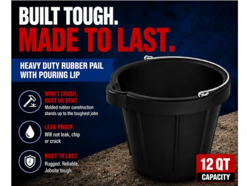 Bon Heavy Duty Rubber Pail with Pouring Lip 12 qt. Flexible Molded Construction Bucket Chemical Resistant 12 in. Diameter x 10 in. Deep