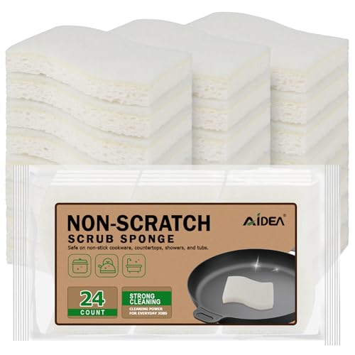 AIDEA Non-Scratch Scrub Sponge-24Count, Sponges Kitchen, Natural Sponge for Non-Stick Cookware, Cellulose Sponges for Dishes, Cleaning Power for Kitchen, Bathroom, Household - color: White