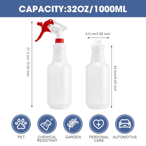 Zubebe 24 Pack 32 oz Plastic Spray Bottle Bulk Empty Leakproof Heavy Duty Spray Bottles for Cleaning Supplies Mist Bottles with Label and Adjustable Nozzle for Plant(Red, White,Clear Scale) - color: Red, White, style: Clear Scale