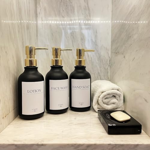 Shampoo Dispenser for Shower Wall, Shampoo and Conditioner Dispenser with 16 Waterproof Labels, No Drill Shower Soap Dispenser Bathroom, Shower Soap Dispenser Wall Mounted,17oz, 3 Pack, Gold Black - color: 1-black Bottle + Gold Pump