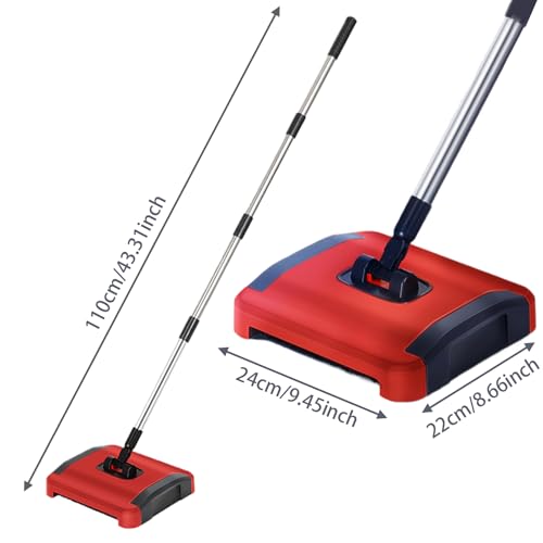 Manual Carpet Sweeper with 3 Rolling Brushes, Wheels and Large 43" Detachable Waste Bin for Pet Hair Dust Debris Floor Cleaner