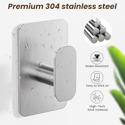 Large Heavy Duty Wall Hooks - 26lb Max, Stainless Steel Adhesive Towel Hooks for Hanging Towel, Coat, Robe, Hat, Sticky Towel Holder for Wall Mount in Bathroom, Shower, Kitchen(Silver, 4 Pack) - color: Silver