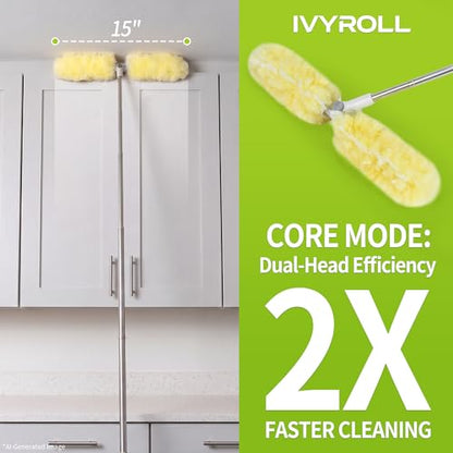 IVYROLL Dual Head Duster with Extended Handle 6 ft, Lockable Extendable Duster Kit with Extension Pole for High Ceiling Fan & Wall, 8 Refills