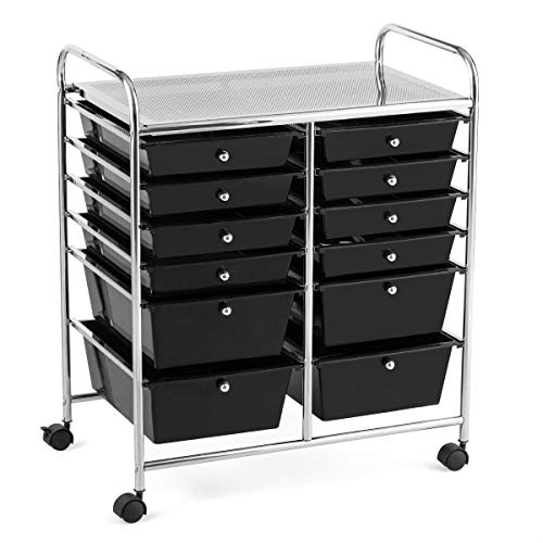 GOFLAME 12-Drawer Rolling Storage Cart, Multipurpose Organizer Cart with 2 Sizes Plastic Drawers, Mobile Utility Cart with Lockable Casters for School, Home Office, Beauty Salon, Black - color: Black, size: 12-Drawer-2