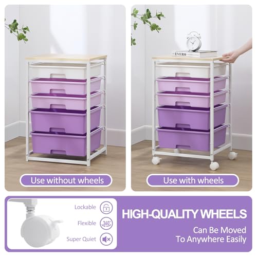 SYKIARIOL Utility Cart with 5 Drawers,Storage Drawer Cart with Wooden Tabletop and Lockable Wheels,Craft Storage Trolley Cart,5-Tier Rolling Utility Cart on Wheels,Purple - color: Purple