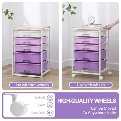 SYKIARIOL Utility Cart with 5 Drawers,Storage Drawer Cart with Wooden Tabletop and Lockable Wheels,Craft Storage Trolley Cart,5-Tier Rolling Utility Cart on Wheels,Purple - color: Purple