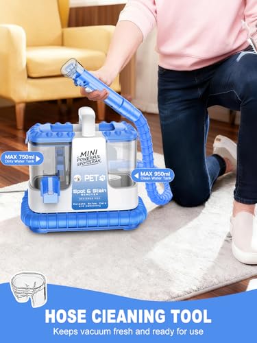 Portable Carpet & Upholstery Cleaner Machine for Pets, Spot, Stain, Couch Cleaner Machine with Powerful Suction and and Cleaning Solution, Car/Auto Detailer, Lightweight Compact Design, Blue - color: Blue w/ Cleaning Solution