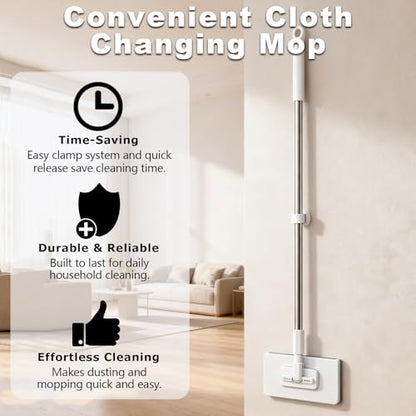 2 PCS Snap Grip Mini Mop Set with 36in Handle & 10 PCS Reusable Cloths, Convenient Cloth Changing Mini Mop Automatic Gripping or Releasing, 360° Rotating Head for Wet & Dry Cleaning, Corners