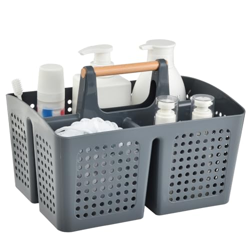 Portable Shower Caddy Basket with Wood Handle, 3-Compartment Bathroom Organizer Tote with Drain Holes, Plastic Shower Basket for Dorm, Toiletries, Cleaning Supplies, Dark Gray - color: Dark Gray