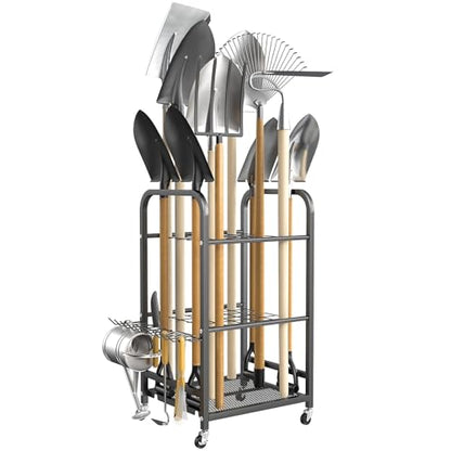 TORACK Garden Tool Organizer Stand with Wheels, Rakes Shovels Yard Tools Stand for Garage, Shed, Garden, Indoor/Outdoor Long-Handled Tools Cart - style: Tool Stand