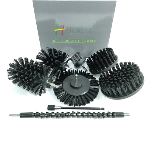 HUAWELL 8 Piece Black Drill Brush Ultra Stiff Cleaning Brush with Extend Attachment Set- All Purpose for Bathroom Surfaces, Grout, Smokers, Grills, Floor, Tile and Hard Water(Black) - color: Black