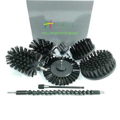 HUAWELL 8 Piece Black Drill Brush Ultra Stiff Cleaning Brush with Extend Attachment Set- All Purpose for Bathroom Surfaces, Grout, Smokers, Grills, Floor, Tile and Hard Water(Black) - color: Black