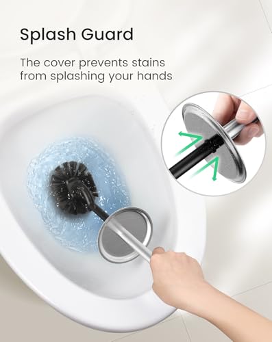 Cesun Toilet Brush and Holder Set, Curved Toilet Bowl Brush for Under Rim Cleaning, 304 Stainless Steel Holder, Weighted Base, Long Handle Toilet Scrubber, 2 Brush Heads, Silver - color: Silver