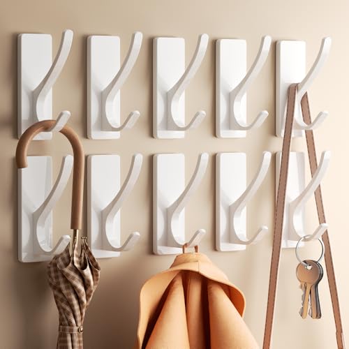 pickpiff White Self Adhesive Coat Hooks for Hanging: 13LB Extra Strong Stainless Wall Hook for Towel, Utensil, Backpack, Hat, Sturdy Metal Hanger for Bathroom, Kitchen, Door, 10 Pack - color: White, size: 10 Pack